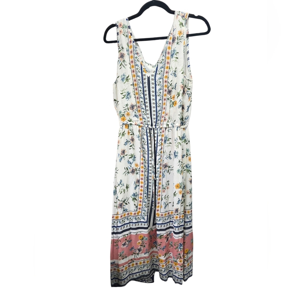 Lucky Brand Floral‎ Border Print Midi Dress Ivory Blue Pink Sleeveless Size M